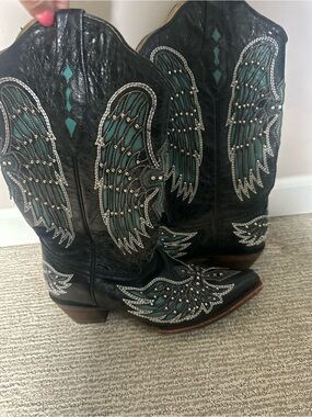 Black Western Boots with Teal Wing Embroidery